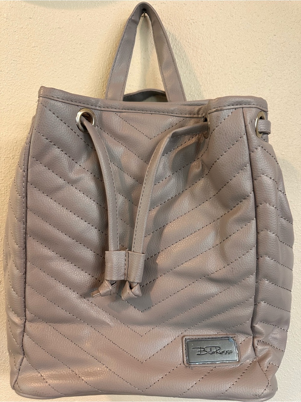 NWOT Bella Russo Purse Backpack Gray Drawstring Bag Purse Handbag Faux Leather
